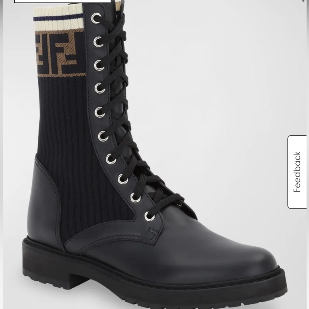Fendi Black Leather Combat Boots with FF Cuff Size 38  fendi rockoko boots